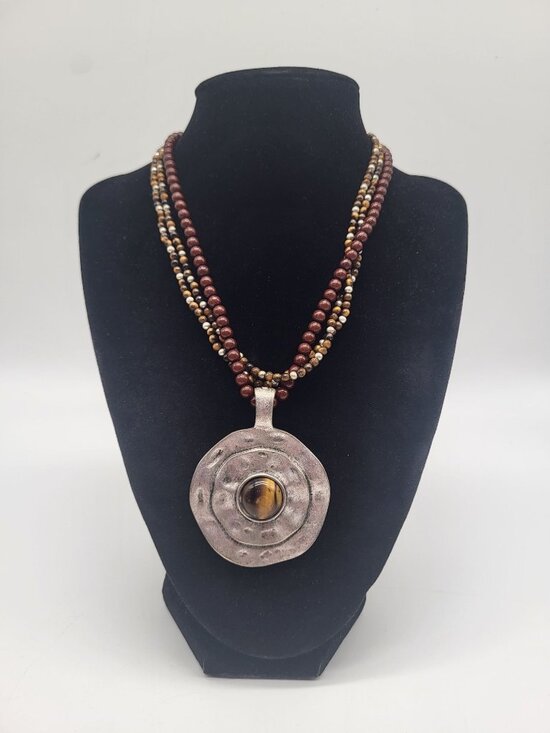 Premier Designs Jewelry - Premier Designs Tiger’s Eye Hammered Medallion Multi-Strand Beaded Necklace boho